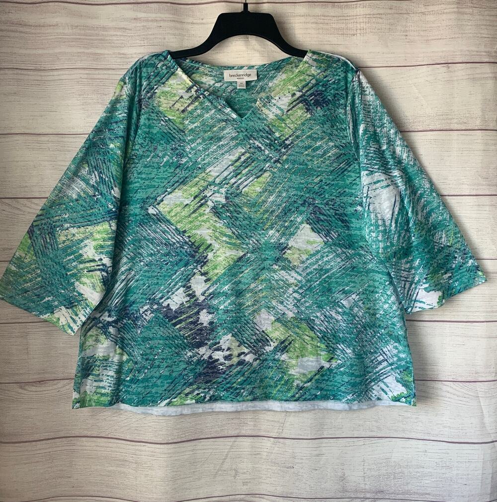 Breckenridge Blue Green Brushstroke Abstract Pattern Shirt 3/4 Sleeves Size 2X